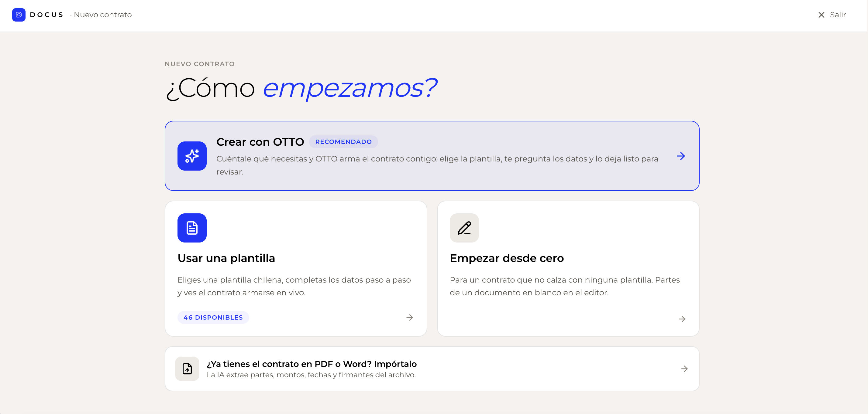 Nuevo contrato en Docus: crear con Otto, usar plantilla o partir desde cero