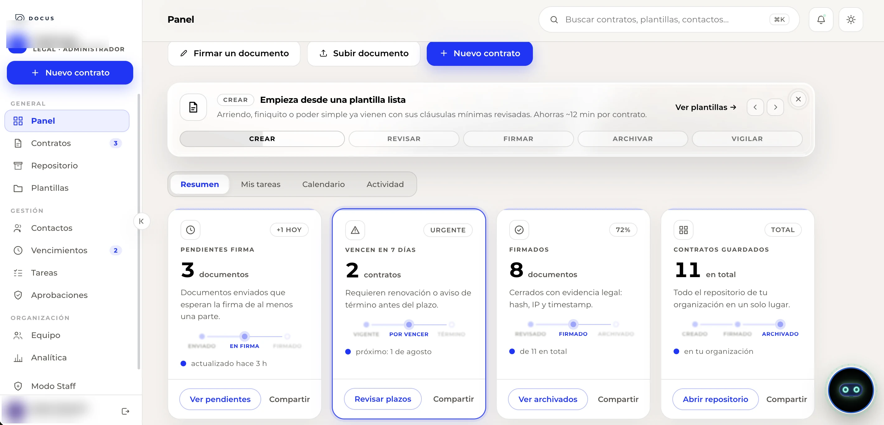Panel de Docus en modo claro: contratos pendientes, vencimientos y repositorio