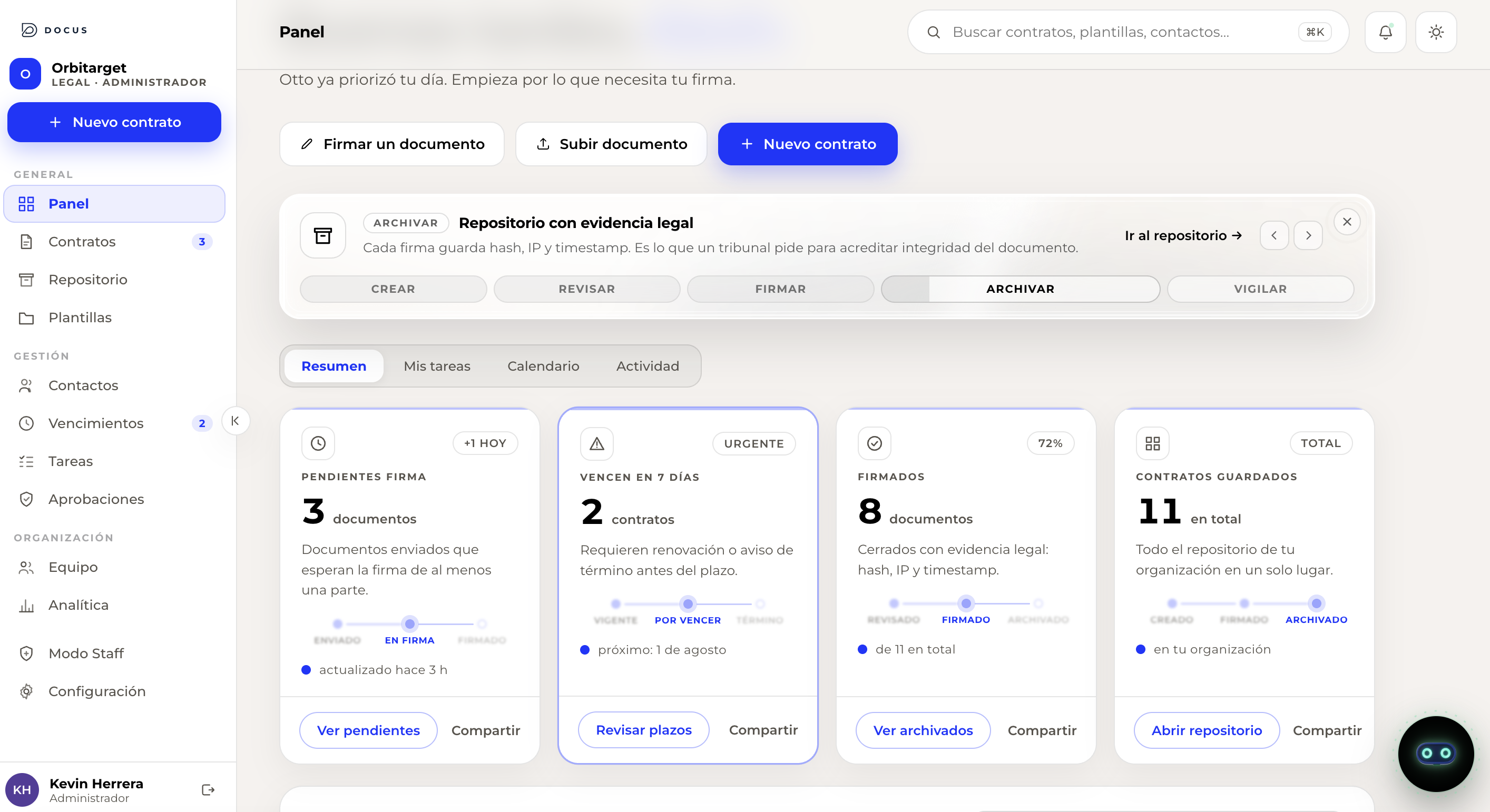 Panel de Docus: Otto priorizando contratos, firmas y repositorio con evidencia legal